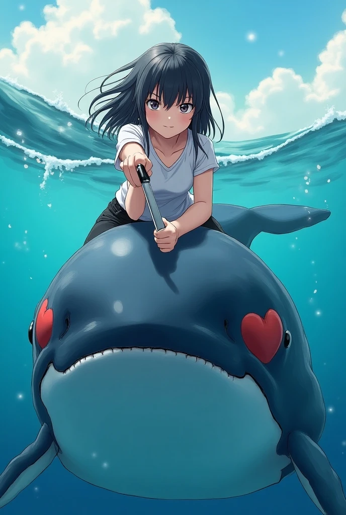 An anime-style woman with dark bangs riding a whale with heart eyes is pointing a knife at us with a smile
