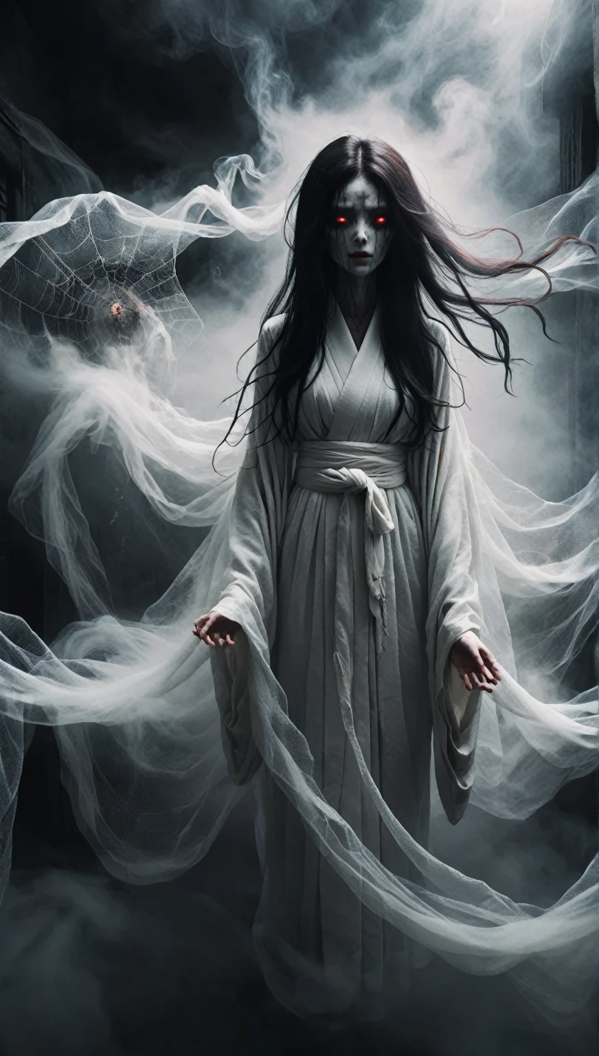 Calm colors、Hundreds of jellyfish fly through the air、Black-haired woman、White kimono、Dirty clothing、Hair that hides the face、Standing Eerie。Nightmare illustration、Surreal fantasy、Thick Fog、Deep woods、darkness、Jet Black