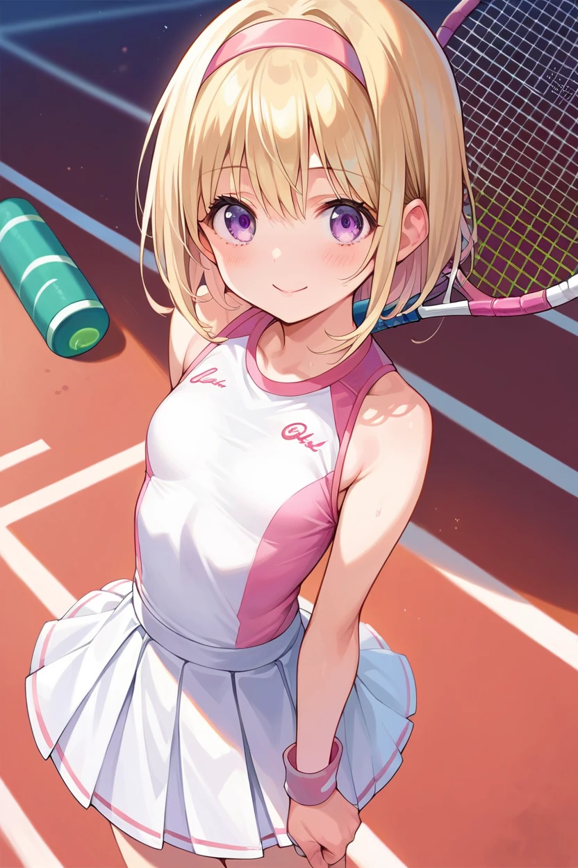 score_9, score_8_up, score_7_up, score_6_up, source_anime, BREAK ,1girl,  ((chnanami, blonde hair, purple eyes)), hairband, smile,pink tennis dress, sportswear, small  breast,white skirt, (slender body),(short stature),in tennis court ,