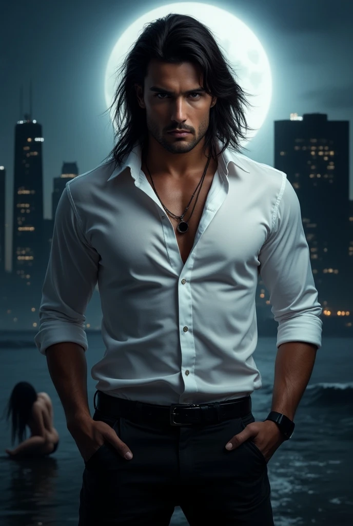 1 man, inside a clandestine race track, wearing a white shirt, detailed facial features, beautiful masculine, detailed white skin, medium-length black hair wavy and messy, soft expression, dramatic lighting, cinematic composition, cold and dark colors, atmospheric fog, strong chin, manly man, night, handsome man, beautiful model face, (best quality, 4K, 8K, high resolution, art: 1.2), ultra-detailed, (realistic, photorealistic, photorealistic: 1.37)