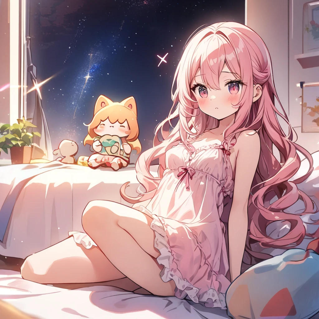 masterpiece、highest quality、Depth of subject、２D illustration、1 beautiful girl、solo, (((chibi style)))、cute chibi, lovely chibi, ((night)), ((window)), ((starry sky)), Long, beautiful hair、Shiny pink hair、cute、Beautifully detailed eyes、((mini skirt))、((colorful))、Tank top、((happy smile))、sitting on bed, ((close up shot))、((Holding a kitten)), ((in the room))、((There&#39;s a lot of pink around))、((bed))、Thighs、((vivid color))、sparkle、((Lens flare))、