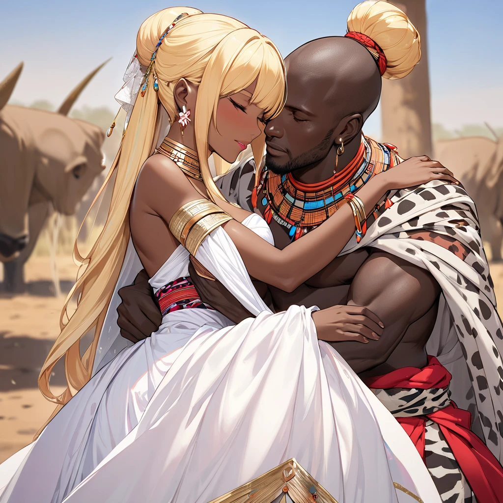 ((Highest quality)), ((masterpiece)), (detailed), （Perfect Face）、The woman is a beautiful, pitch-black-skinned native African tribal woman, adorned with gorgeous bridal accessories, and embraces a strong tribal man, kisses him in love, and holds a wedding ceremony in the tribal square.、The woman is Yuuki Asuna, a black woman with pitch black skin and naturally curly hair. She has light brown, very short afro hair that is naturally curly and finely braided into dreadlocks that are swept back in a tribal hairstyle, with little hair volume, she is an African black woman with tribal make-up, black nipples with nipple piercings, tattoos all over her body, and a beautifully decorated tribal outfit that does not cover her breasts.、The woman was a complete African native nude tribeswoman, and had become a nude tribeswoman in both body and mind.、The woman is a native African woman and a member of the tribe&#39;s nude tribe, living happily with her friends.、The woman is a beautiful native African tribal woman, beautifully adorned with gorgeous jewelry, and is getting married to a strong tribal man.