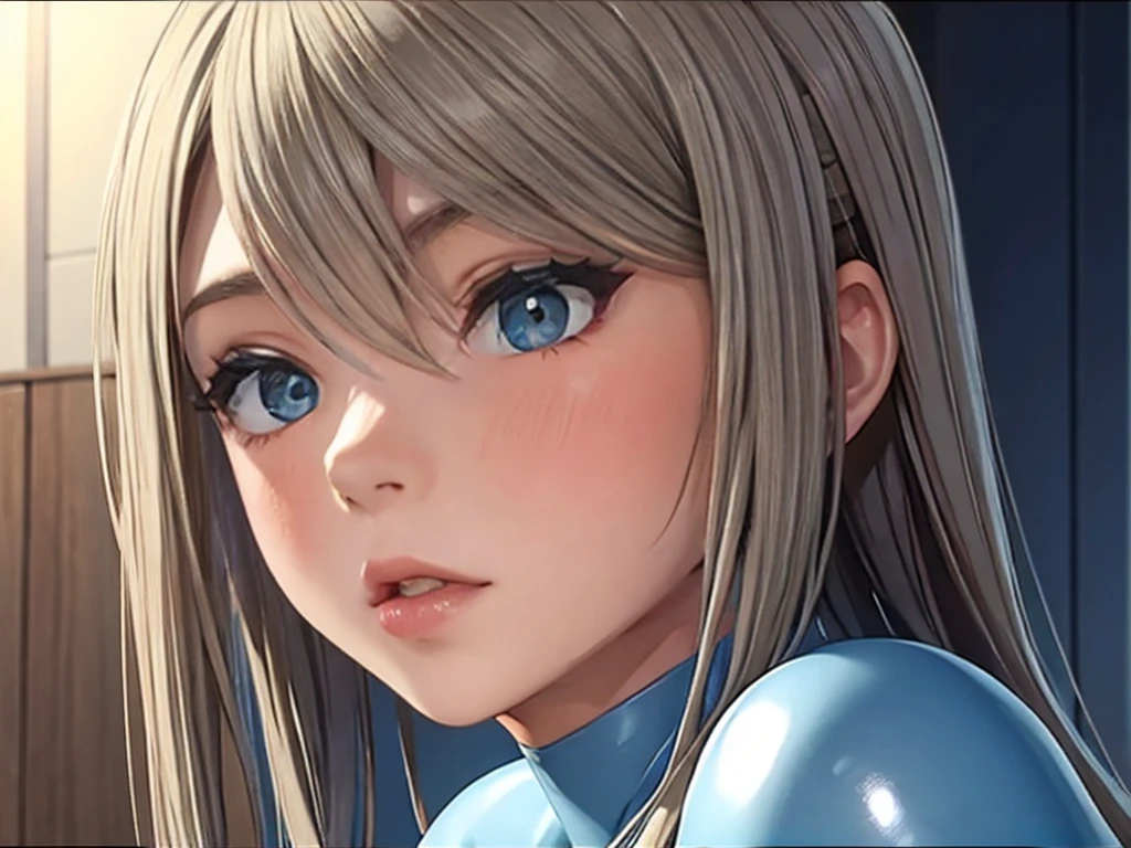 (masterpiece)、(Best Quality)、 very finely drawn face , Lightashbrown hair, straight hair,LightBlue color bodysuit,busty,nsfw, blunt bangs, tongue, rolling eyes,Licking penis