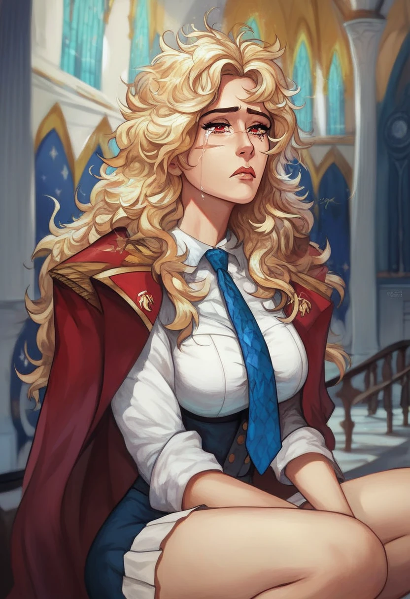 (Alone), Blonde, bangs, Mane hair ,  long hair in the castle, messy hair , Scattering,  black scar on face,  facial scar expressive hair, sad face, mature,(25 years old),  red eyes, ((female)), beautiful 소녀, blue tie , beautiful, Eye Reflections , Depth , masterpiece, 8k,  ultra high definition, High quality 상세정보,  Premium Quality,  high res, High quality, Ultra Detailed , masterpiece, 8k,  animation coloring, White ,  short skirt, Magic School, Body shot , Sitting crouched,  crying