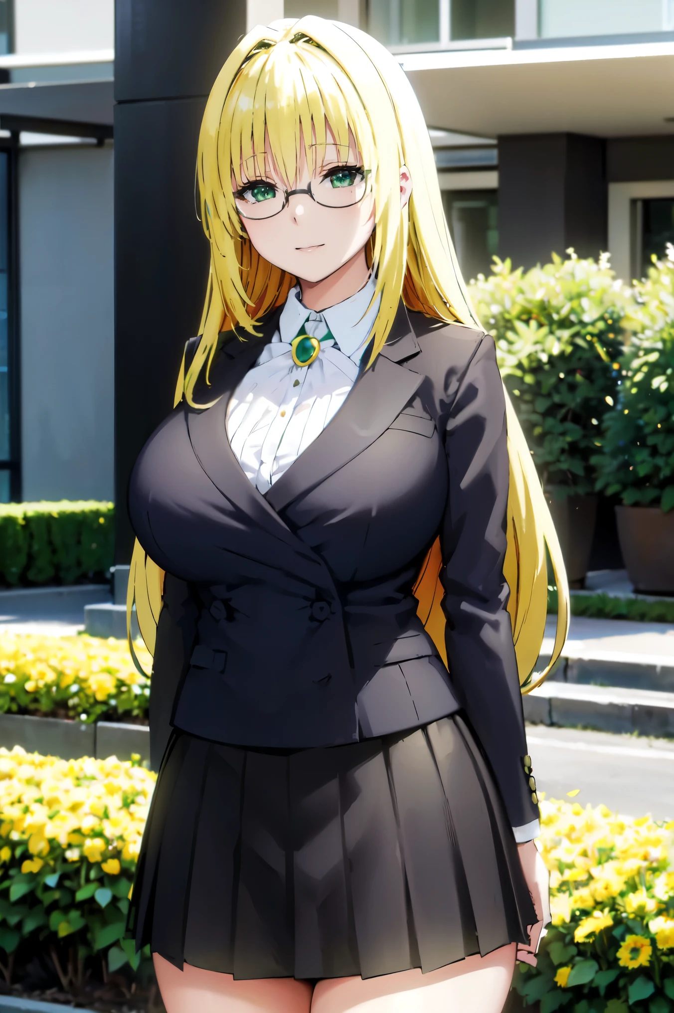 Blonde hair, very huge  tits ((black bussines suite, glasses, skirt, white nectie)), thick, busty, green eyes,  ponytaik hair, upperbody, smile, legs, thigh, flower garden