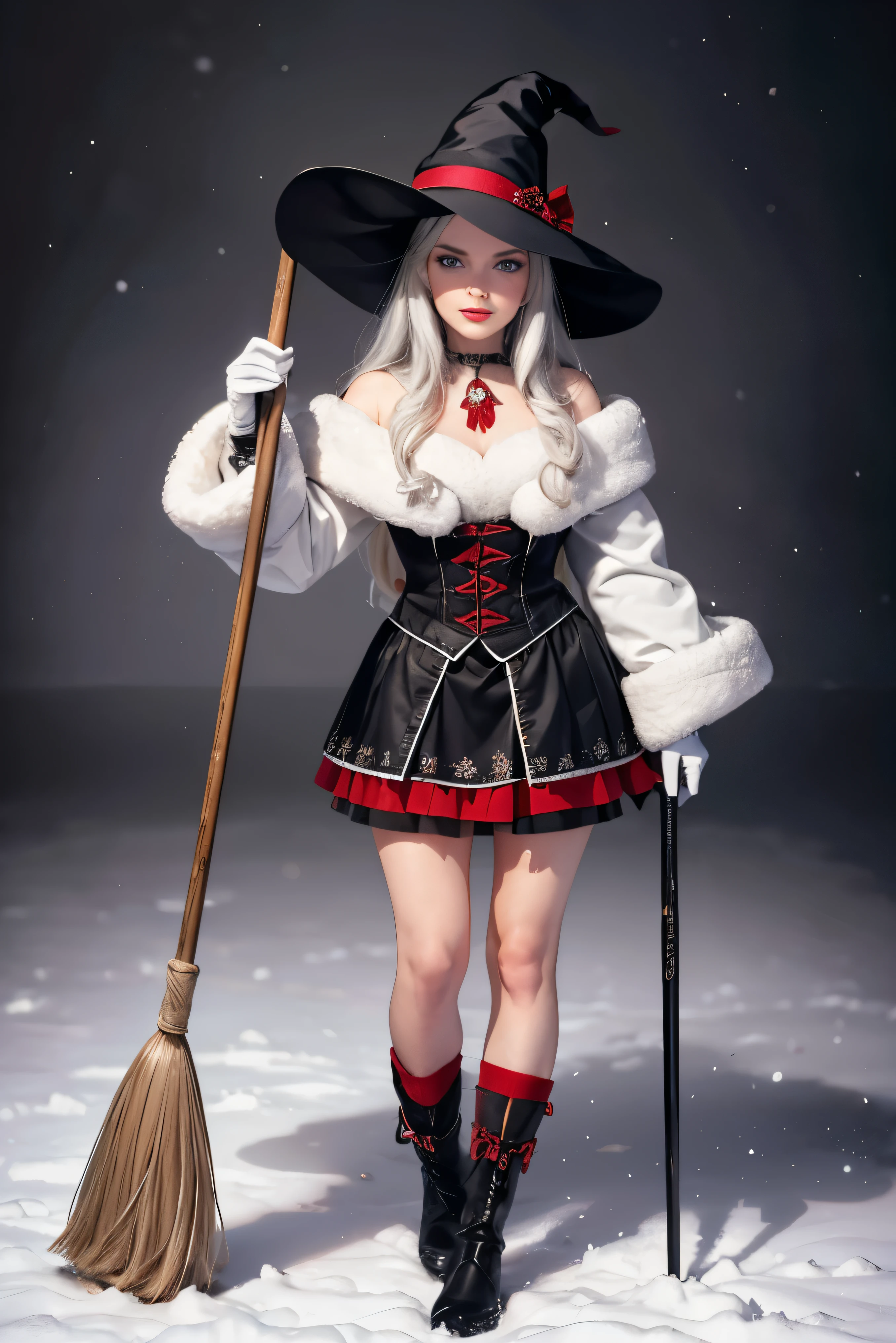A 30-year-old witch with long gray hair, wearing a red and white hat , black boots , a red skirt and white socks , standing on a winter background , Hold a cart , gloves with a detailed face , beautiful and detailed blue eyes , beautiful and detailed red lips , extremely detailed eyes and face , long eyelashes, ( best quality ,4K,8k, highres icon,masterpiece:1.2),ultradetailed,(realistic, photorealistic , photorealistic :1.37),HDR,Ultra HD, studio lighting ,ultra-fine painting,sharp focus, Her room , Extremely Detailed Description ,professional, vivid colors ,bokeh effect,Fantasy,portrait, Snow floor , WHITE FUR COAT, holding a witch's purse and broom , neve