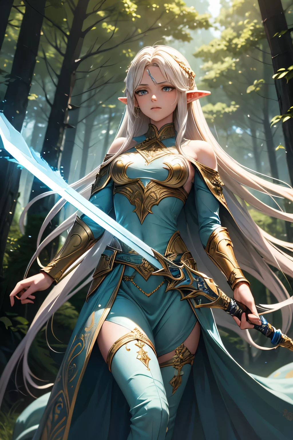 (((UHD))), (((masterpiece))), (((8k))), (((highres))), (((Surrealism))), (((cinematic lighting))), god rays, zoom layer, (((fullbody shot))), f/4.0, Canon, shiny skin,detailed skin,detailed face, detailed eyes, a woman in a white dress holding a star and a sword, concept art by Yang J, pixiv, fantasy art, portrait knights of zodiac girl, epic fantasy art style hd, alluring elf princess knight, knights of zodiac girl, anime fantasy illustration, anime goddess, anime fantasy artwork, princess of light, fantasy art style, lightning fantasy magic