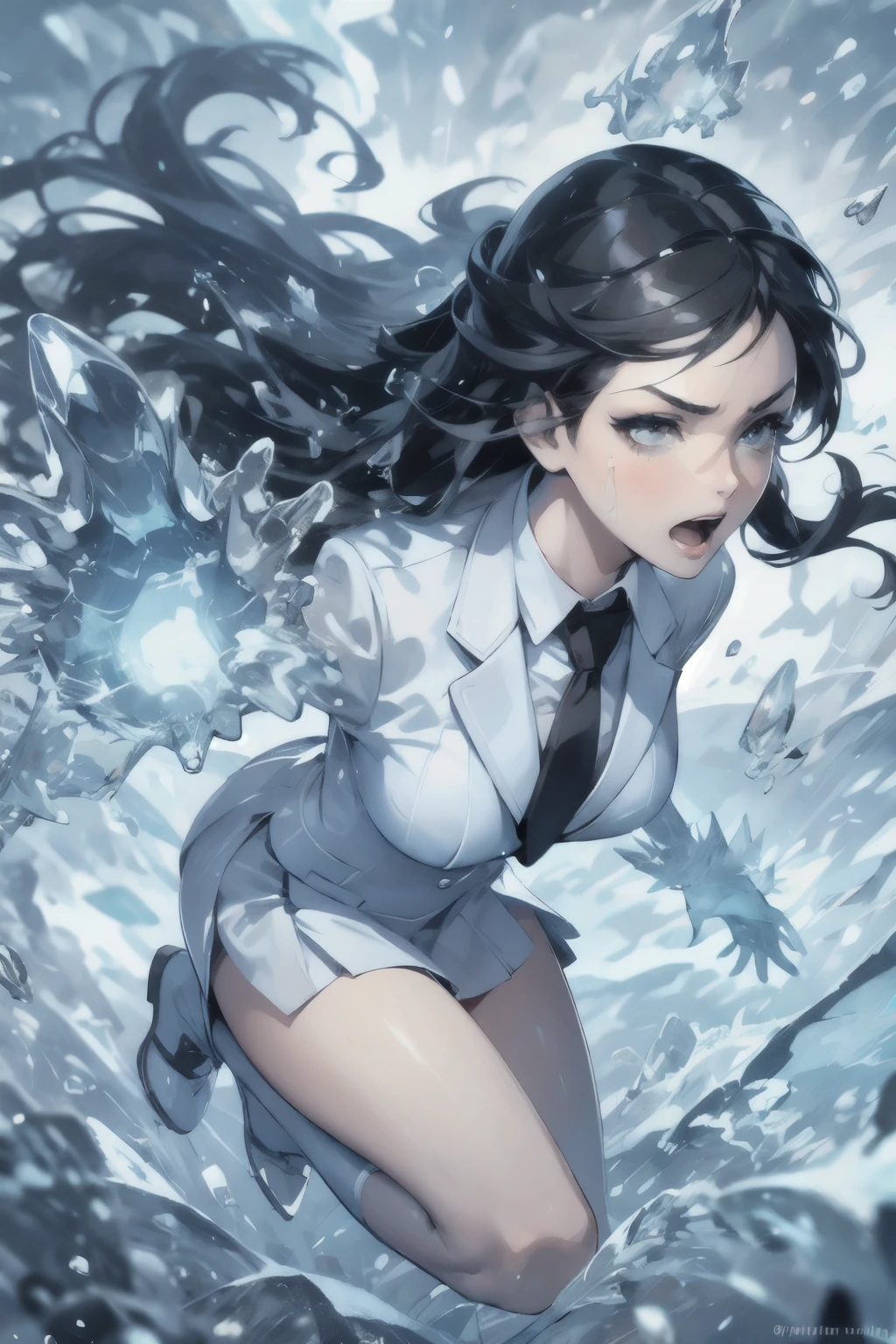 (highest quality:1.2), a -yeld girs throwing, making ice barrage by psychic power, being injured, decisive expression, suffering face, side view, a photorealistic cute girl, beautiful face, European face, noble face, painful face, open eyes, beautiful lip,open mouth to shout, long black hair, full body portrait, wearing white business suits, wearing black neck-tie, wearing white skirt.