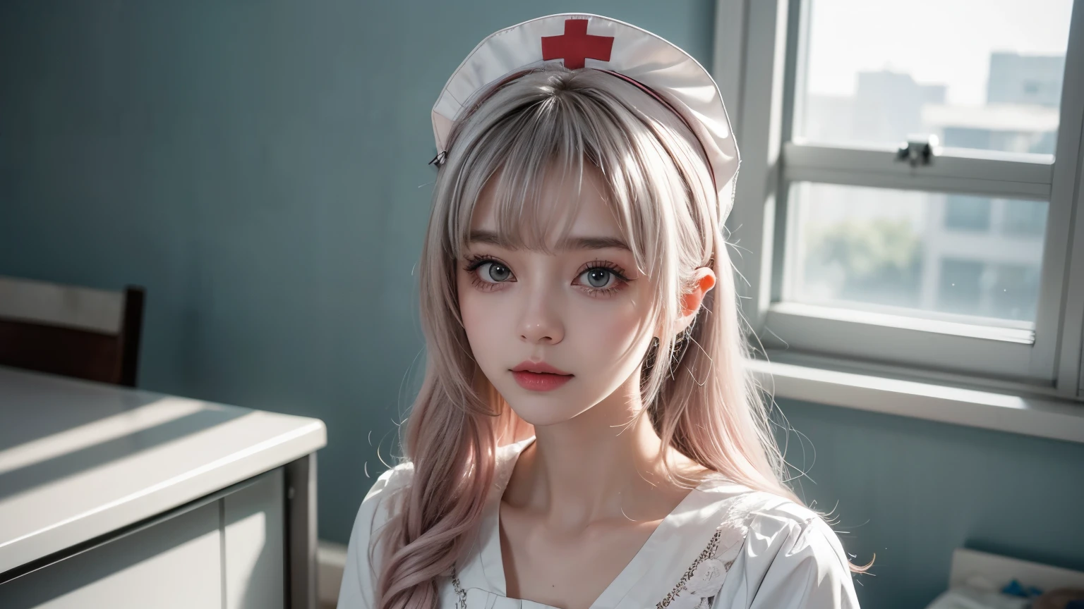 nurse, wearing white gothic lolita-like nurse uniform, wearing white nurse cap, gothic lolita fashion, in the hospital room, sunlight shines through the window, next to the examination table, looking down on from above, lean forward, shot from directly below, smiliing, pampered expression, lovey-dovey, shiny silver and pink hair, pompadour hairstyle, twisted bangs, hair is shaggy and dishevelled, silver eyeblow, slendar figure, beautiful white-colored translucent skin, a little expose chest, vivid makeup, {realistic}, {cinematic}, {photogenic}, {detailed rendering}, {cinematic lighting}, {vibrant colors}, {photorealistic}, {best quality}, {8k}, {hyperdetailed}