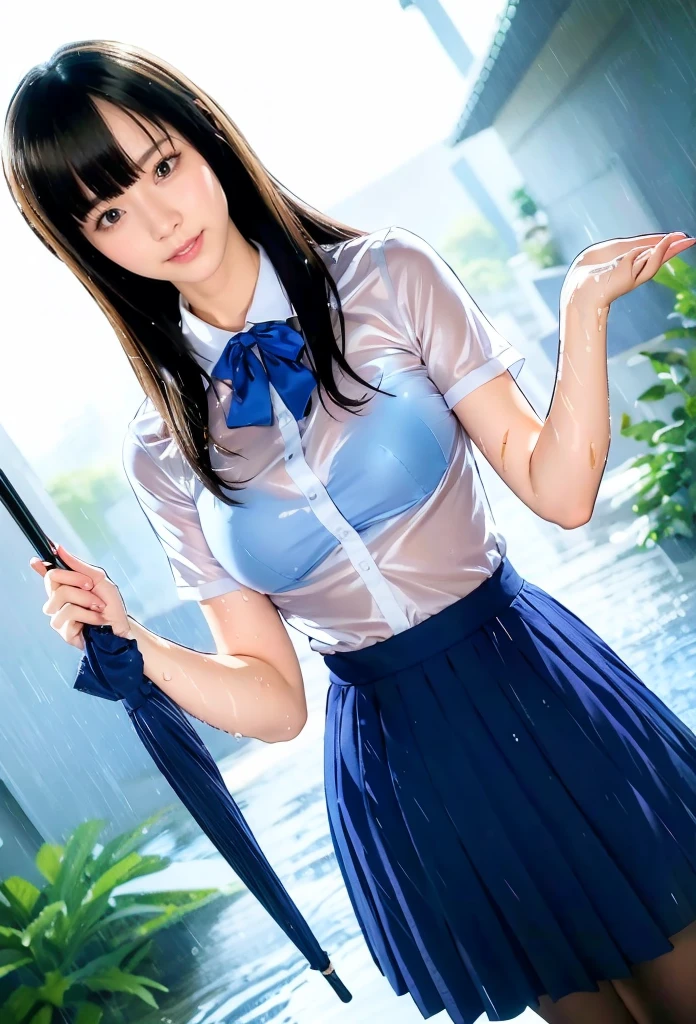 {{{{{mizumoto yukari,photorealistic,realistic,tall female}}}}},{{{{1girl,solo}}}},sousou_(sousouworks),stanley_lau,dandon_fuga,homare_(fool's_art),guweiz,ilya kuvshinov,k-pop,real life,idolmaster cinderella girls,{{{{{tareme,single eyelid,small eyes,cowboy shot,nose,nsfw,backlighting,dutch angle}}}}},{{{blue long skirt,pleated skirt,white shirt,long bowtie,blue neck ribbon,long ribbon,short sleeves,smile,brown hair,long hair,black pantyhose,brown loafers,outdoors,shadow,lips,medium breasts,wet,sweat,furrowed brow,}}},half-closed eyes:1.5,head tilt,blush, tile floor,plant,wet shirt,rain,embarrassed,holding umbrella,[[[[[[bent over,see-through,blue bra,blue strap,lace-trimmed bra,hands up,from side]]]]]],{{