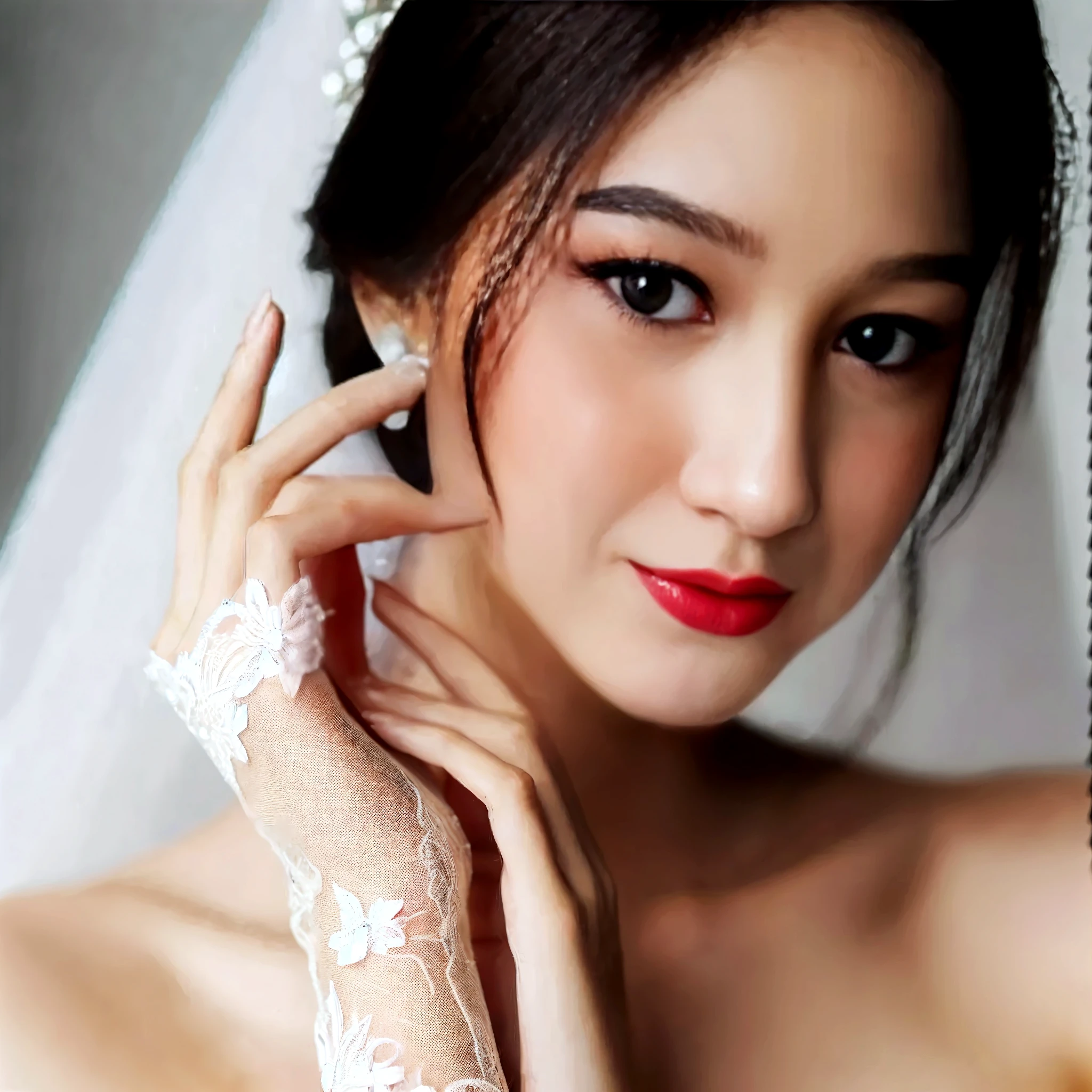 (Masterpiece: 1.2, highest quality), (real photos, fine details), a woman, wearing a white wedding dress, alone, short gloves, upper body, casual, long hair, simple makeup, (hands holding face: 1.3), natural fabric, close-up, smile, family, lying on bed, looking at the camera, extreme close-up)