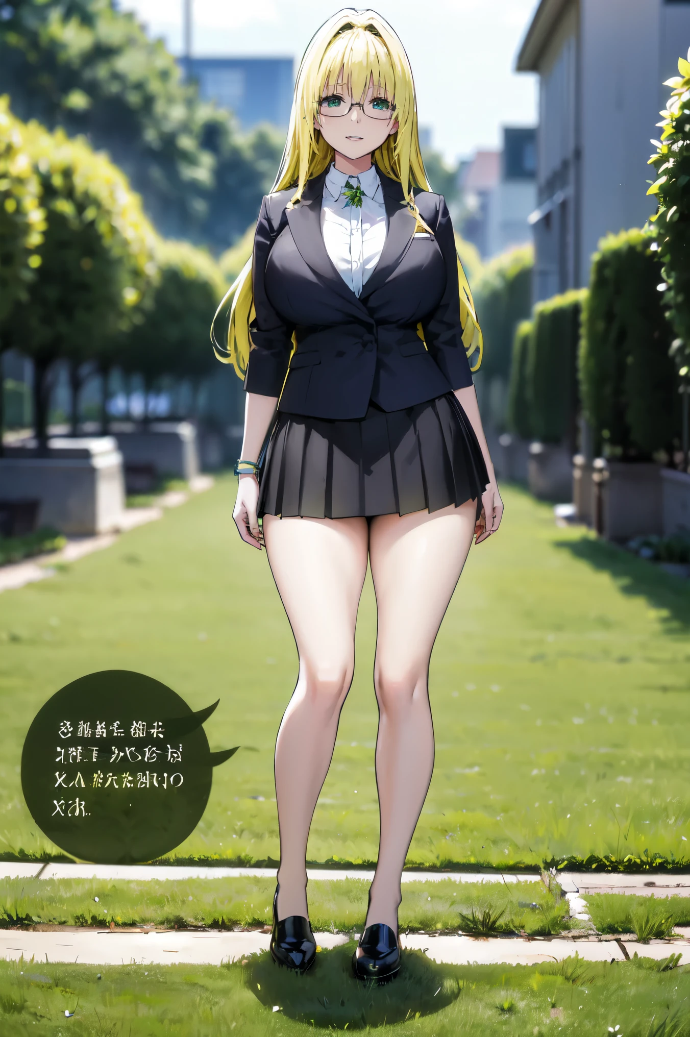 Blonde hair, very huge tits, ((black bussines suite, glasses, skirt, white nectie)), thick, busty, green eyes, ponytaik hair, upperbody, smile, legs, thigh, flower garden