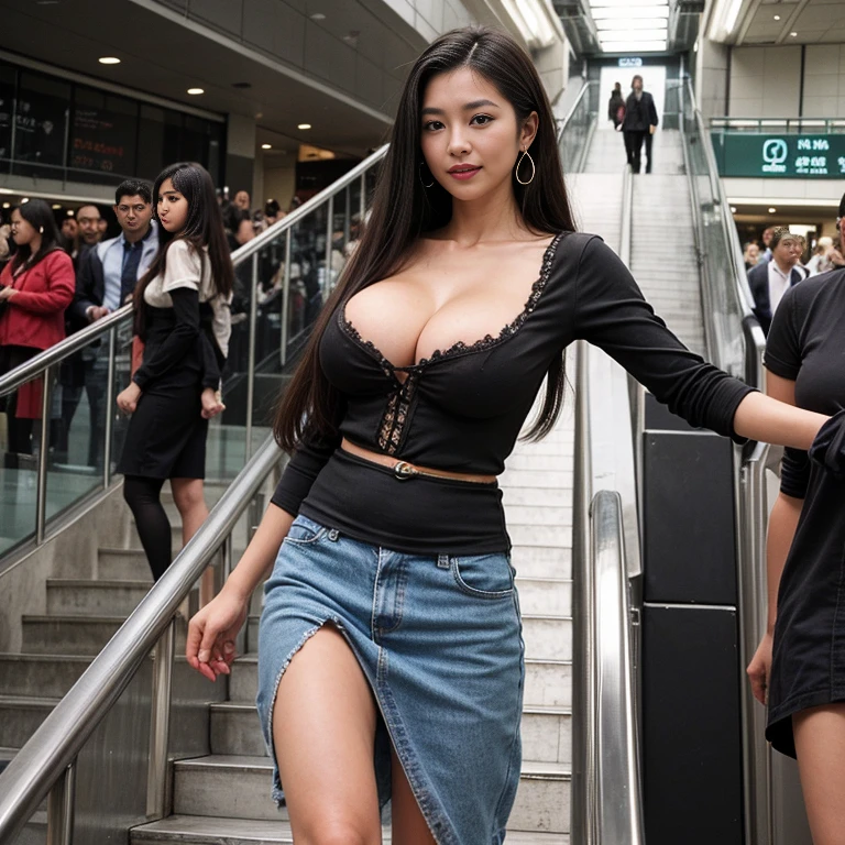 (top-quality,masterpiece,ultra high res,8K,Photorealsitic,raw photo,beautiful face,detailed skin,detailed face,detailed eyes,Realistic Skin,Realistic breasts),(thai Woman),(she is wearing blouse:1.5),(tall height, statuesque:1.4),black hair,(straight hair:1.3),Earrings,flirty smile,(huge breasts:1.4),(flare skirt),(on the escalator:1.3),(cowboy shot),