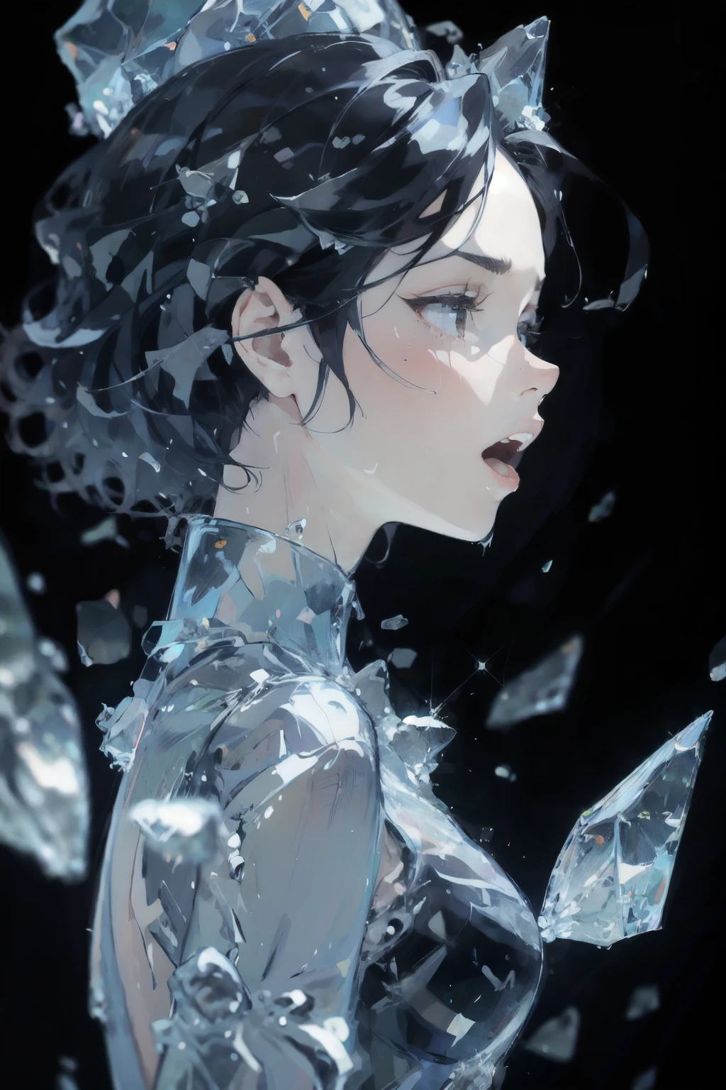 (highest quality:1.2), a -yeld girs throwing, making ice barrage by psychic power, being injured, decisive expression, suffering face, side view, a photorealistic cute girl, beautiful face, European face, noble face, painful face, open eyes, beautiful lip,open mouth to shout, long black hair, full body portrait, wearing white business suits, wearing black neck-tie, wearing white skirt.