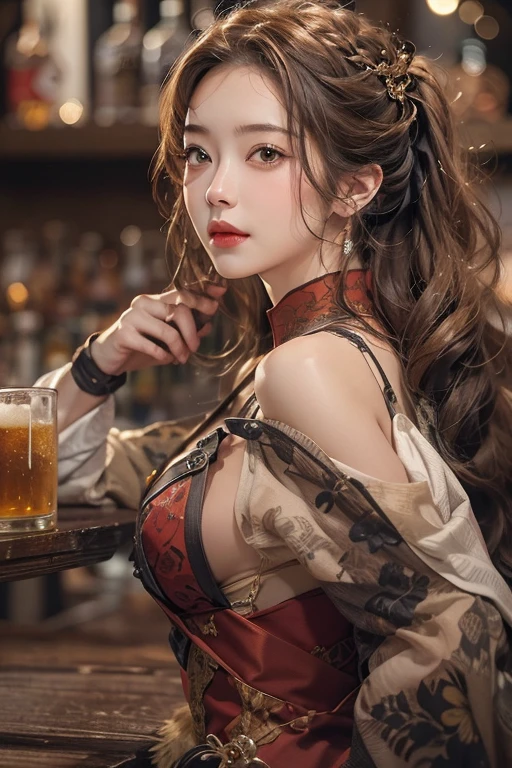 (masterpiece:1.3), (8K, Realistic, RAW Photos, Best image quality: 1.4), Japanese 、18-year-old,(Random Hairstyles:1.2)、Cleavage:1.2、Highly detailed face、Attention to detail、double eyelid、Chest to chest、Sharp focus:1.2、Beautiful woman:1.4、Light brown hair、Highest quality、masterpiece、Ultra-high resolution、(Realistic:1.4)、Highly detailed and professionally lit smiles、Loose fitting steampunk outfit、Shoulder out、thin、Serious expression、drinking beer at bar