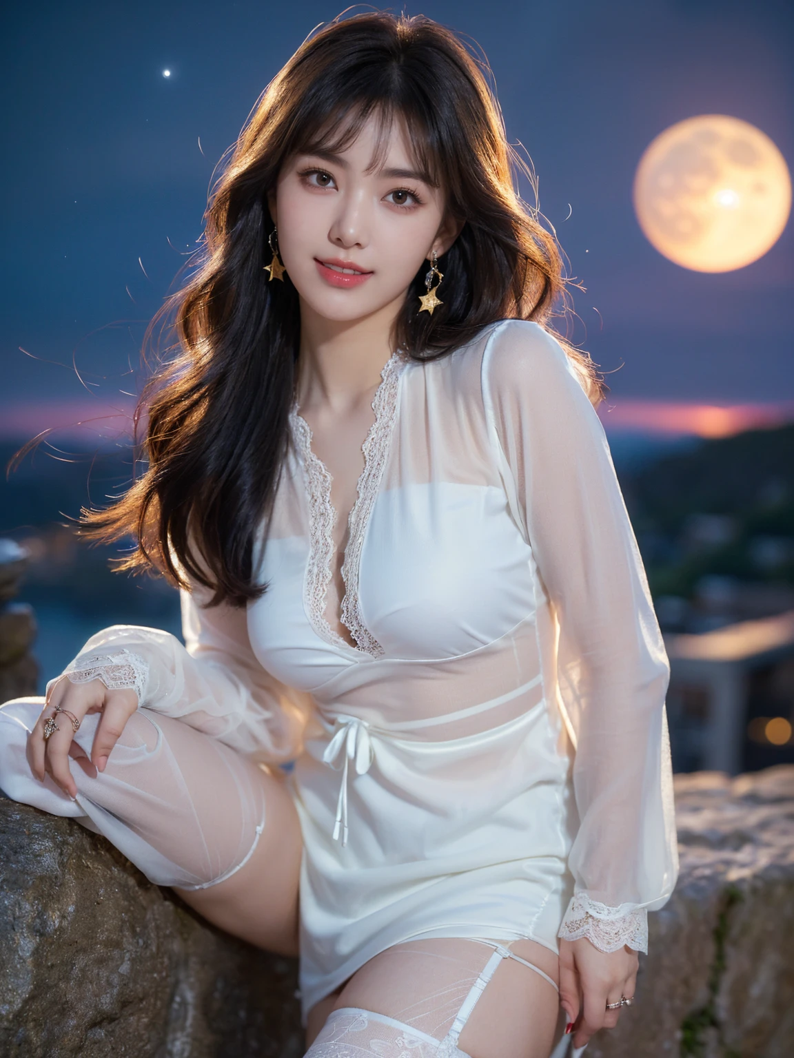 1 girl、((Different world))、real world、Mixed asy、8K、too big full moon、night view、Full of stars々、Mountain々、stream、waterfall、(surreal), (High resolution), (8K), (very detailed), (best pictures)、 (High resolution), (8K), (very detailed), (best illustrations), (beautiful and fine eyes), (best quality), (Super detailed), (master piece), (wallpaper), (detailed face), alone, 1 girl, aristocratic dress、gray hair, Eyes with unusual iris, small mole under the eye, Medium chest, long legs,stunning composition,legs crossed,beautiful detailed legs