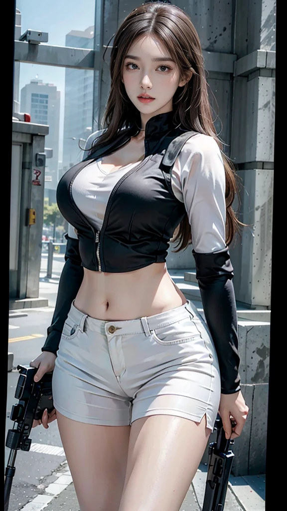 Photorealistic, high resolution, 1womanl, Solo, Sexy, Hips up, view the viewer, (Detailed face), SWAT vests, Gun, jewelry,