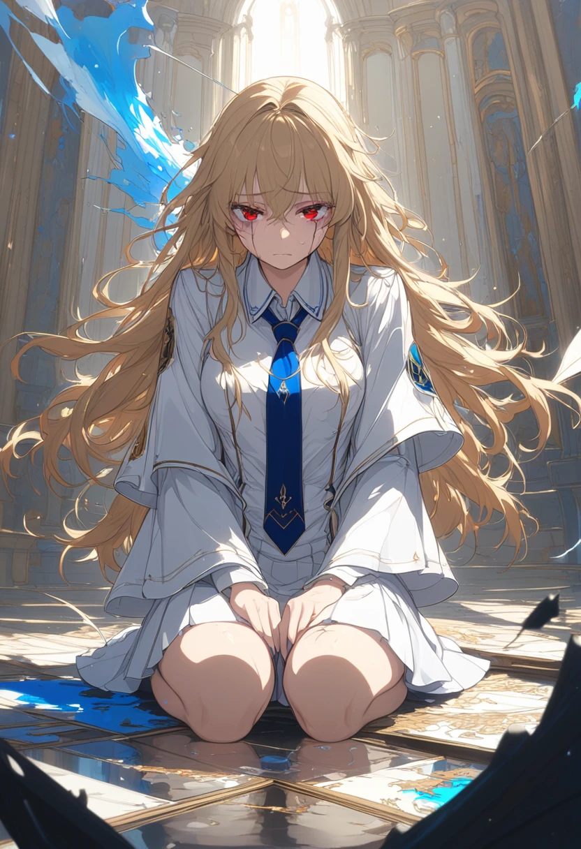 (Alone), Blonde, bangs, Mane hair ,  long hair in the castle, messy hair , Scattering,  black scar on face ,  facial scar expressive hair, sad face, mature,(25 years old),  red eyes, ((female)), blue tie , beautiful, Eye Reflections , Depth , masterpiece, 8k,  ultra high definition, High quality 상세정보,  Premium Quality,  high res, High quality, Ultra Detailed , masterpiece, 8k,  animation coloring, White ,  short skirt, Magic School, Body shot , Sitting crouched,  crying