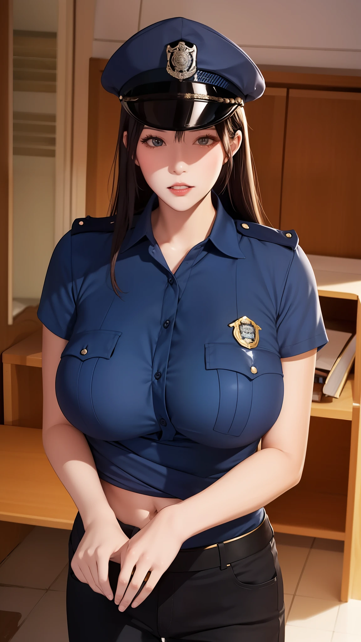  Police Uniform , ,  detailed costume, indoor, Bureau, Bureau, Lower chest,  Huge Breasts ,shirt, ,  Ace dies , tutult , shirt_lift,  Engil , OK