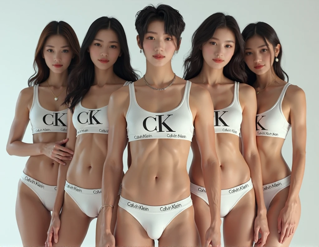 please describe all member of boyband exo only wearing calvin klein briefs With six pack abs and v shape.