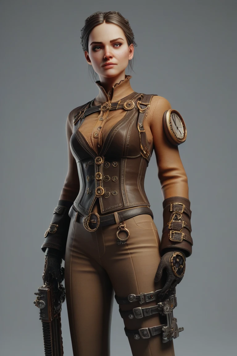 "Complete art masterpiece, high quality, ultra detailed in 4k, 8k, high resolution, hyper-realistic photo, hyper-detailed, realistic skin texture, amazing shadows, extremely detailed texture, perfect lighting, high-level image quality." A woman protagonist of a steam punk game, Fair skin, blond hair, outlined eyes, outlined face, bracelet, Full body, Nice leather clothes, steam punk dirty city on back, steamy motorcycle