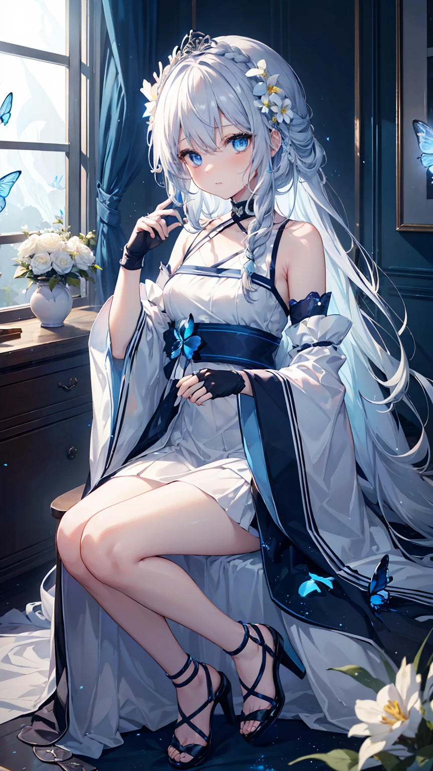 (down view), Full body photo，Dynamic Angle, Ultra-detailed, illustration, Close-up, direct, 1 girl, baby cats，(fantasy: 1.4), (Blue eyes: 1.233), Her eyes shone like dreamy stars, (Bright eyes: 1.233), (Beautiful, Detailed eyes:1.1),(Silver hair:1.14),(Messy hair,Very long hair,french braid,hair between eye,side locks),(+(bule hair flower:1.14)),(Dress chiffon, Teapot flower pattern on uniform)/=(army suit: 1.24),(Detached sleeves,Wide sleeves),(Fingerless gloves),choker necklace,(Miko thighs),high heels boots,(Expressionless,Mouth closed),(standing), (Classic princess boudoir，Dressing tables and floor-to-ceiling windows in a white old palace), (White flowers, Blossom), (abyssal), (running water), (A dull blue tree in the world: 1, 14), (废墟), (Night: 1,2),soul,Dreamy,(Fluorescence),(flying translucent blue butterflies:1.15), [[Delicate fingers and hands:0.55]::0.85],(Detailed fingers) ,(yubao:0.5),