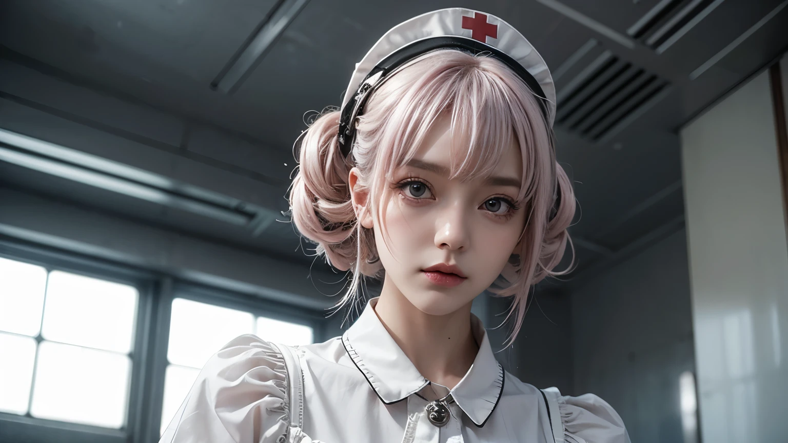 nurse, wearing white nurse uniform, wearing white nurse cap, gothic lolita-like fashion, standing next to the examination table, trying to use medical devices, looking up from below, sadistic look, look of contempt, temptation, shiny silver and pink hair, pompadour hairstyle, twisted bangs, hair is shaggy and dishevelled, silver eyeblow, slendar figure, beautiful white-colored translucent much exposed skin, no makeup, shot from directly below, {realistic}, {cinematic}, {photogenic}, {detailed rendering}, {cinematic lighting}, {vibrant colors}, {photorealistic}, {best quality}, {8k}, {hyperdetailed}