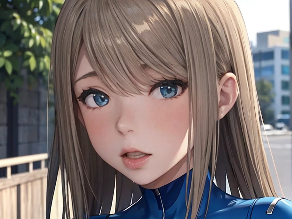 (masterpiece)、(Best Quality)、 very finely drawn face , Lightashbrown hair, straight hair,LightBlue color bodysuit,busty,nsfw, blunt bangs, tongue, rolling eyes,Licking penis