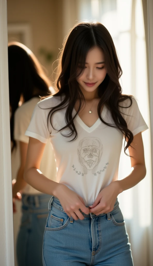 An East-Asian woman with a beautiful, slim figure and very long black hair stands in front of a mirror. She wears a white graphic t-shirt and is struggling slightly to pull on tight blue jeans. She tugs energetically on the waistband, her head bowed down, focused on her hands. Her long hair falls over her face, partially obscuring her expression. The camera is set at a distance, capturing her full body in the warm morning sunlight, creating a gentle, cozy atmosphere