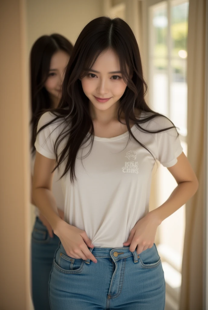 (8k, RAW photo, best quality, masterpiece: 1.2), (photorealistic : 1.6), (masterpiece), (best quality: 1.0), (highest quality: 1.0), (ultra hi-res: 1.0), detail, twenties, one, detail beautiful skin, detail room, ,realistic skin, middle breast, best quality, ultra high definition, cute, long hair, smile, , white shirt, , sitting on bed,