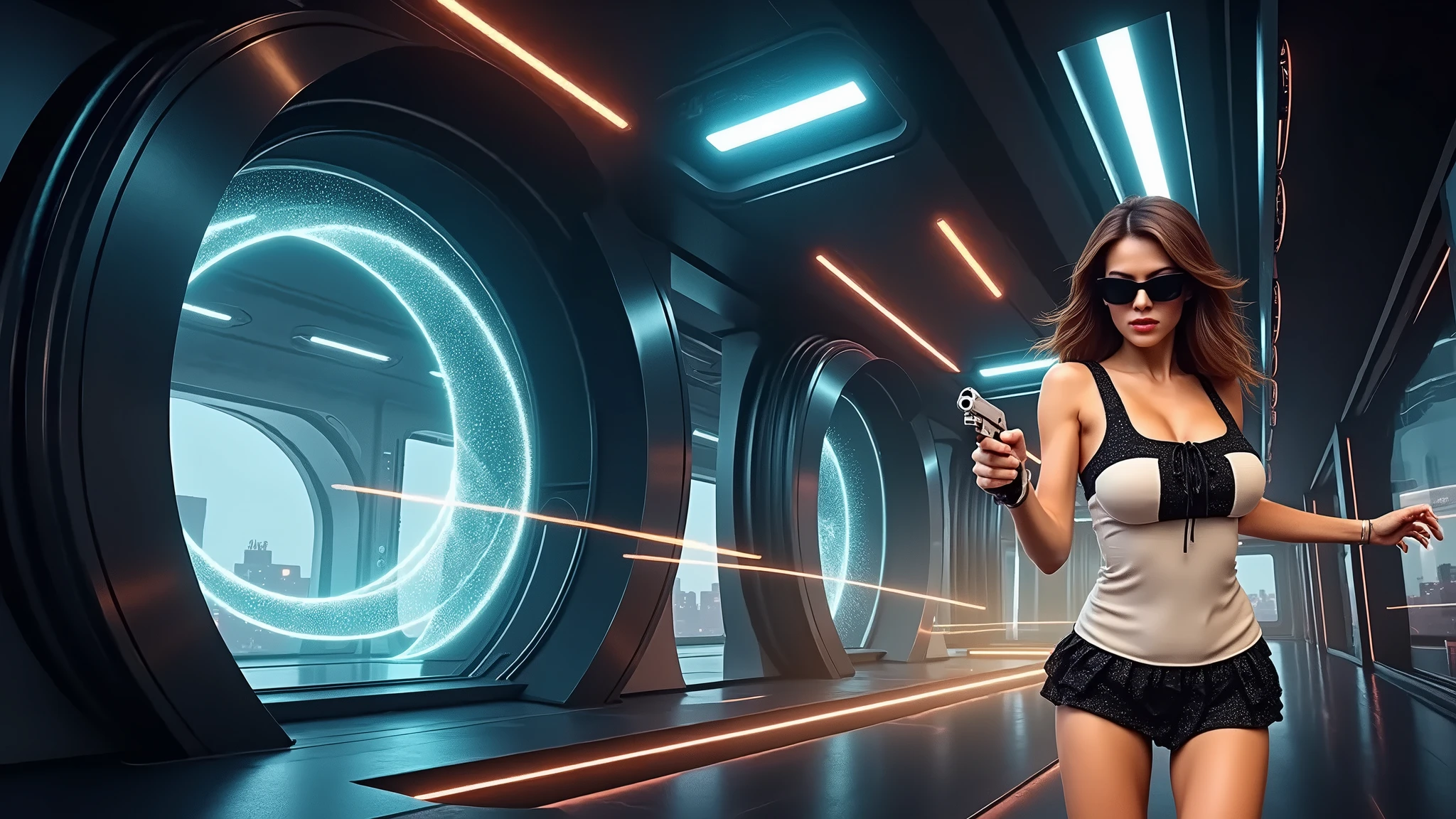 A futuristic sci-fi virtual battle field of war game, shooting range with moving targets, flying vehicle, neon waterfalls. High-resolution OLED GUI interfaces in the building, The windows are filled with transparent data visualization infographics that show it all, from weather patterns to traffic flow, Matrix cascading code. Colors are saturated and vibrant. At night, (1girl, solo), photo realistic, medium-breast:1.3 slim body, cleavage, sling top, miniskirt, (mini VR sunglasses, holding a short gun), half-body thigh level medium shot, cinematic lighting, ray tracing.