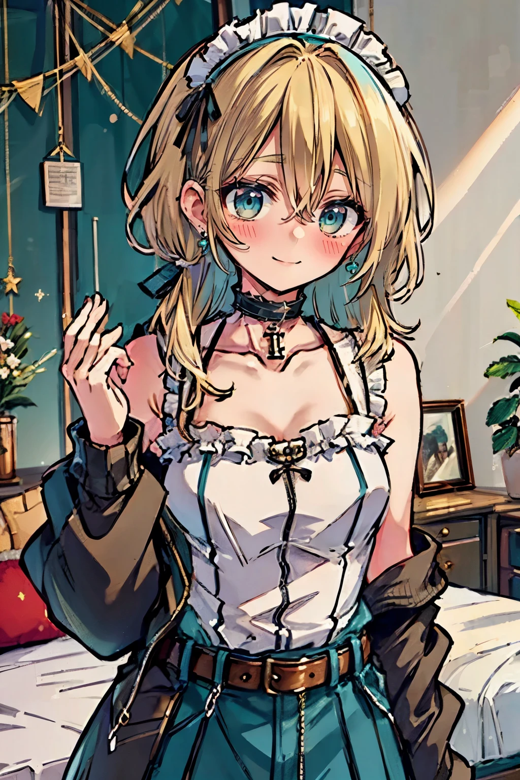 (masterpiece:1.2), (high quality:1.2), rekkyo sensen, rekkyou sensen, girls with(((1girl, solo, aiden d adams, blonde hair, teal eyes, smiling, blush, closed mouth, maid headdress, medium hair, right swept bangs, low twintail:1.3), maid, breasts, choker, cleavage, coat, cowboy shot, (white frilled dress:1.2), camisole, off-shoulder sleeves, bare shoulders, ribbon waist belt, collar, collarbone, rosary, rosary choker, cross, fur, khaki hoodie, green hoodie, hood down, hooded coat, hooded jacket, hoodie, jacket, large breasts, long sleeves, medium breasts, open clothes, open coat,open hoodie, sleeveless, winter clothes, zipper, cleavage, upper body, hand up, waving, palm)), background with((bedroom, room:2.0))