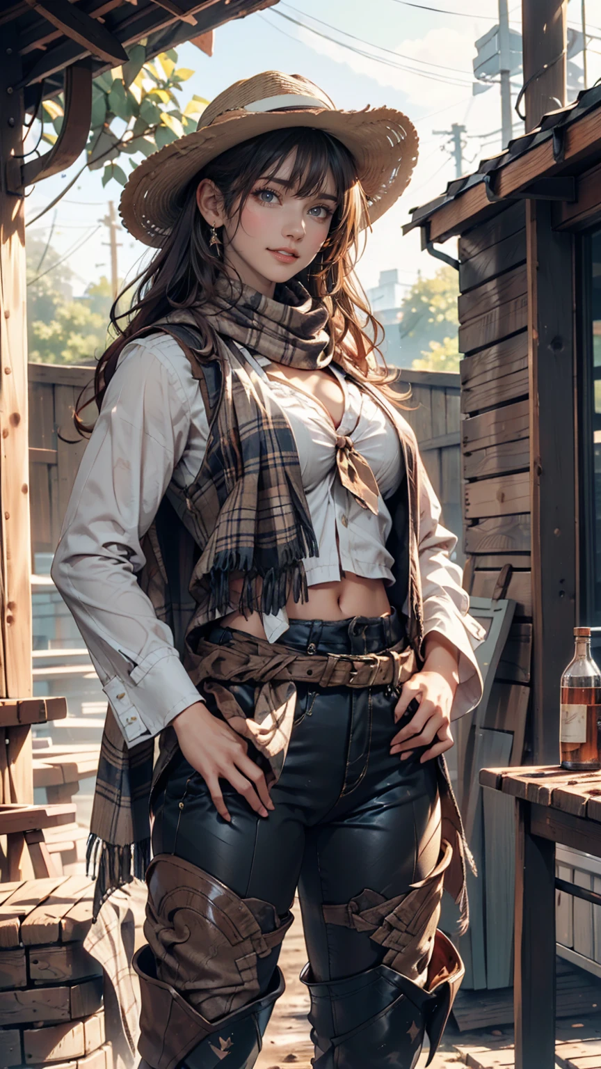 45 year old woman; dirty; hands resting on the counter; SIMPLE SHIRT AND PANTS; dark leather jacket; cowboy hat; Braided hair; Red scarf around the neck; holster with revolver; confident stance; in a dingy old west bar; intense stare; Covered in blood on your clothes; RPG Old West 1890.