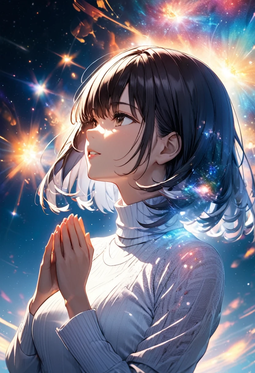  dark-haired woman"Haruna"Prayer, , white turtleneck ,  upper body focus ,  bust up shot, Glowing Galaxy Background ,( Double Exposure:1.2)，