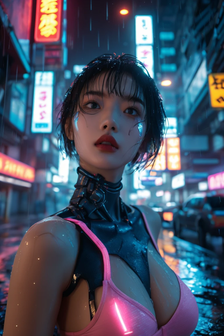 Cyberpunk, best quality, masterpiece, illustration, realistic, photo-realistic, amazing, finely detail, incredibly absurdres, huge filesize, ultra-detailed, highres, extremely detailed CG unity 8k wallpaper, nsfw, nude, A full-shot of a beautiful young woman with Korean-style facial features resembling a popular actress. She has cyberpunk cybernetic limbs and glowing body parts. Her skin is reflective and she is wearing revealing clothing that barely covers her body. Her exposed skin is glistening with water droplets from the heavy rain. She has pink-teal eyeshadow, pink short hair with bangs and blue highlights, and one glowing eye. She also has cybernetic implants on her face, neck, and arms. The background is a neon-lit cityscape at night, with heavy rain and reflective puddles. Ray tracing and volumetric lighting are used.