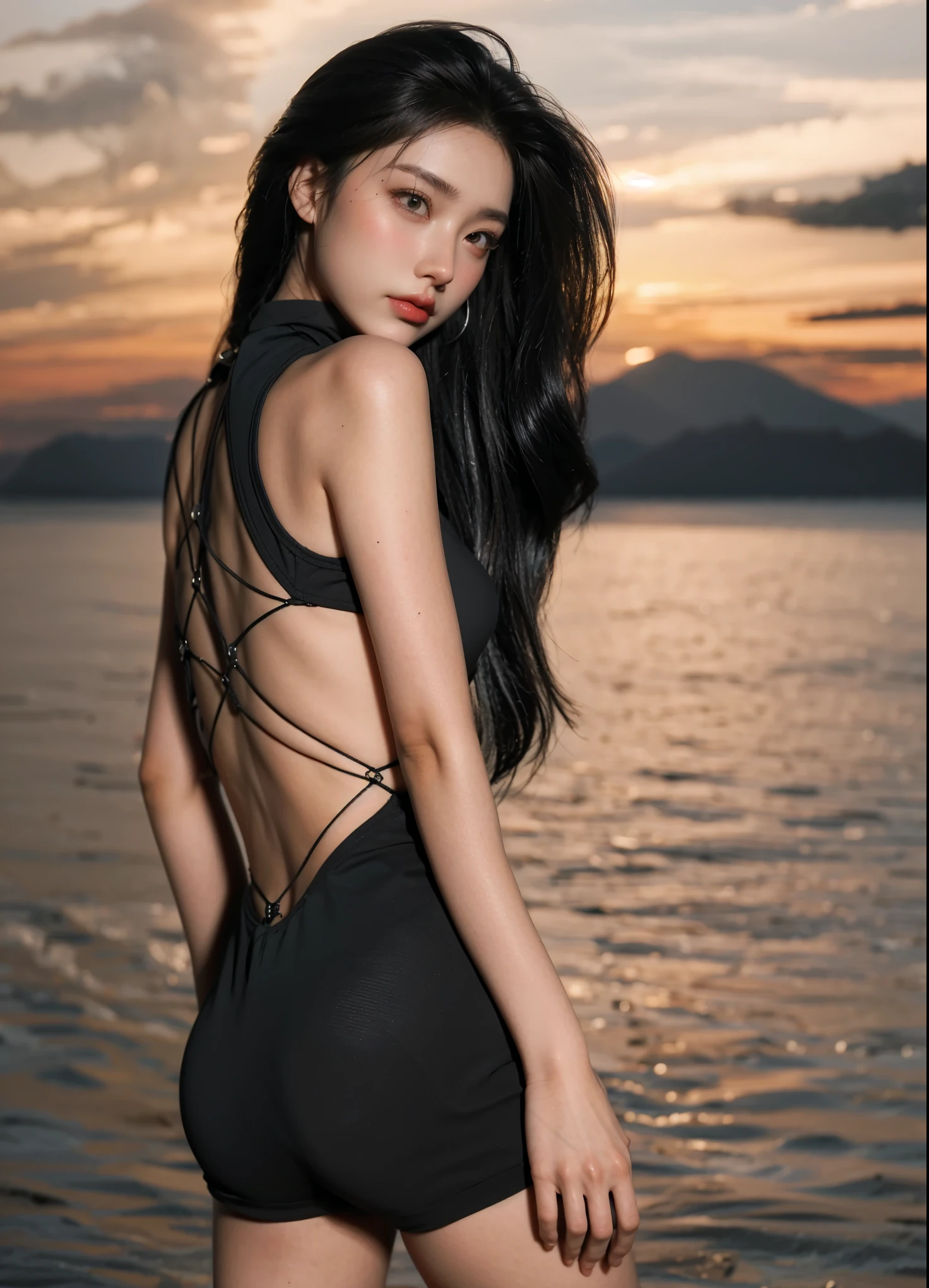 ((The Highest Quality、8k、master masterpiece:1.3))、The eyes are clear and、Girl with long black hair、The eyes are clear and、The upper body is in uniform.、The lower part of the body is undressed、(I'Stick your ass out on the beach)