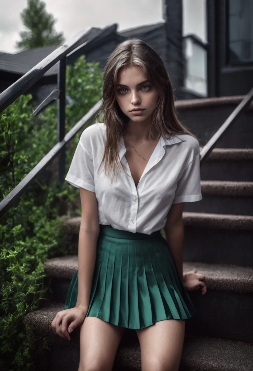 (((( top view))) a girl, ( wears a white shirt and short pleated skirt) , Alone,  long hair , green eyes,  black background, Bright Eyes, by vergvoktre  , dramatic, intense, (((pose:  sitting on the stairs of a suburban house  )),  thick thighs  ,aerial view intricate details  , hyper detailed, filmic, dark shot,  grainy film  , calming tones, soft colors, INTERVALO technicolor , raytracing art style d4rk4rt, monochrome, grayscale
