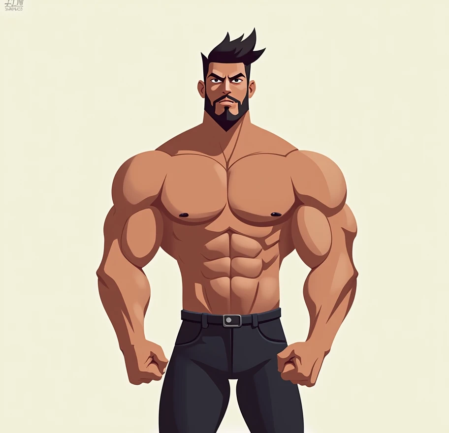strong man with small horns Machiavellian look wearing leather trunks full of money inside, strong big hairy blue eyes dark beard and a dark street with dark fog and smoke, bare feet
