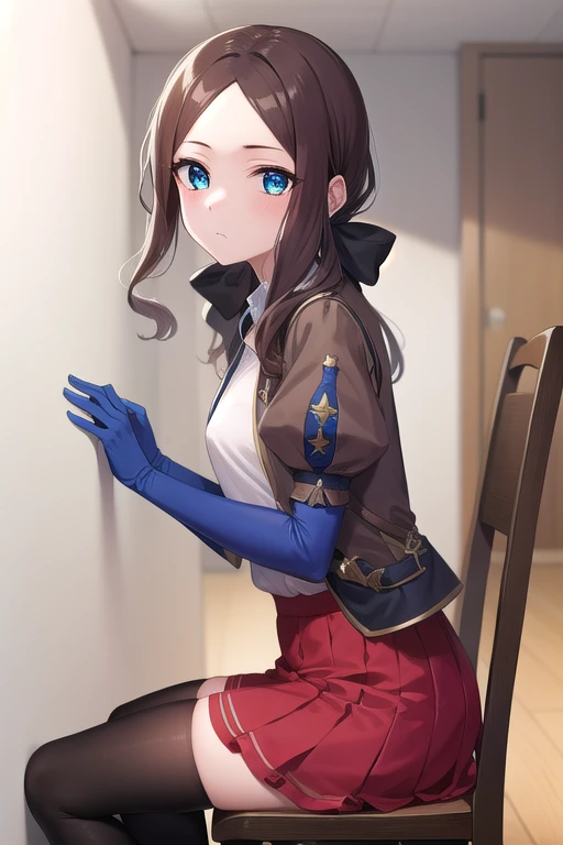 leonardo da vinci rider, blue eyes, brown hair, long hair, parted bangs,
BREAK (black footwear, brown jacket, elbow gloves, gloves, jacket, loafers, metal gloves, pantyhose, red skirt, shoes, skirt, puffy sleeves, thighhighs, blue thighhighs),
BREAK expressionless, looking ahead,
BREAK (sitting chair:1.1), 
BREAK (from side:1.1), (cowboy shot:1.2),
BREAK (indoor, Infirmary, white room, chair:1.2),
BREAK (masterpiece:1.2), best quality, high resolution, unity 8k wallpaper, (illustration:0.8), (beautiful detailed eyes:1.6), extremely detailed face, perfect lighting, extremely detailed CG, (perfect hands, perfect anatomy),