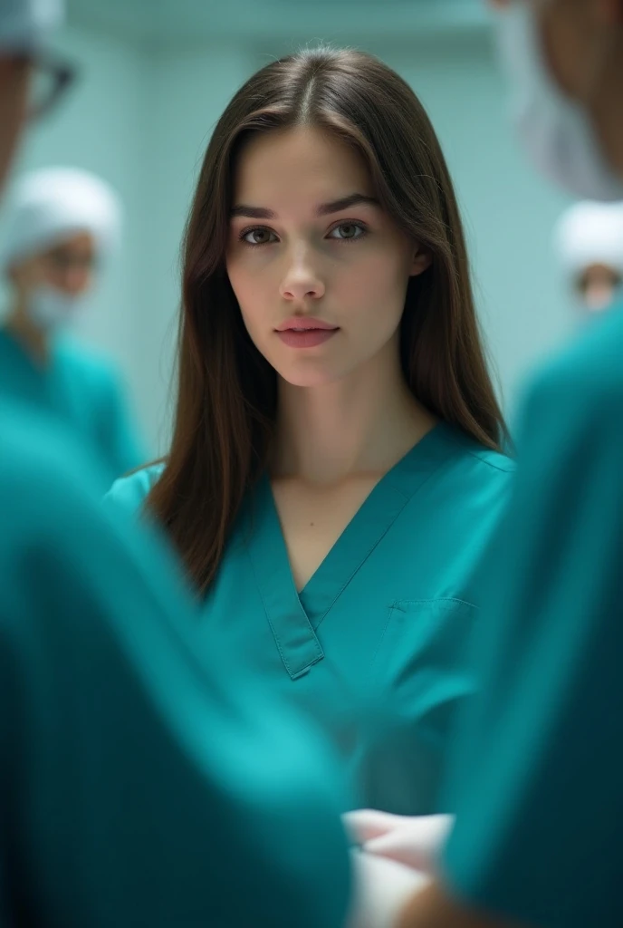 Four live action brunette women, Brown eyes, Hair tied up. She is a doctor in the French army.. Her outfit gives us a glimpse of her beautiful décolletage.. She is wearing blue latex gloves while looking at the camera.