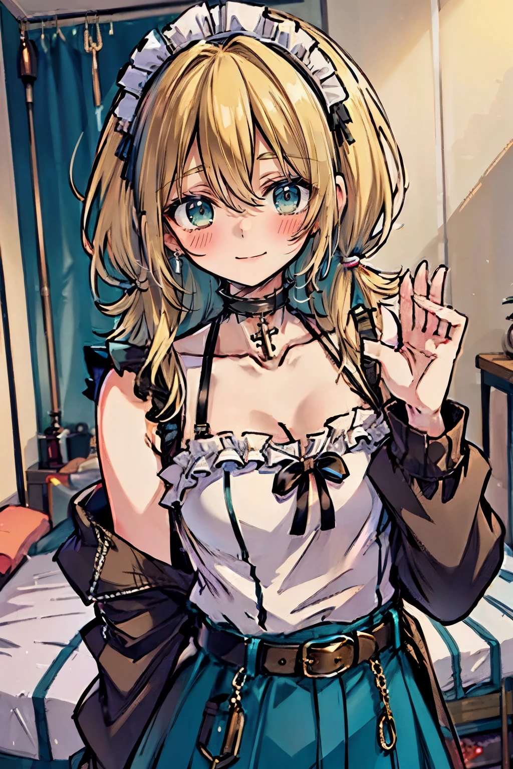 (masterpiece:1.2), (high quality:1.2), rekkyo sensen, rekkyou sensen, girls with(((1girl, solo, aiden d adams, blonde hair, teal eyes, smiling, blush, closed mouth, maid headdress, medium hair, right swept bangs, low twintail:1.3), maid, breasts, choker, cleavage, coat, cowboy shot, (white frilled dress:1.2), camisole, off-shoulder sleeves, bare shoulders, ribbon waist belt, collar, collarbone, rosary, rosary choker, cross, fur, khaki hoodie, green hoodie, hood down, hooded coat, hooded jacket, hoodie, jacket, large breasts, long sleeves, medium breasts, open clothes, open coat,open hoodie, sleeveless, winter clothes, zipper, cleavage, upper body, hand up, waving, palm)), background with((bedroom, room:2.0))