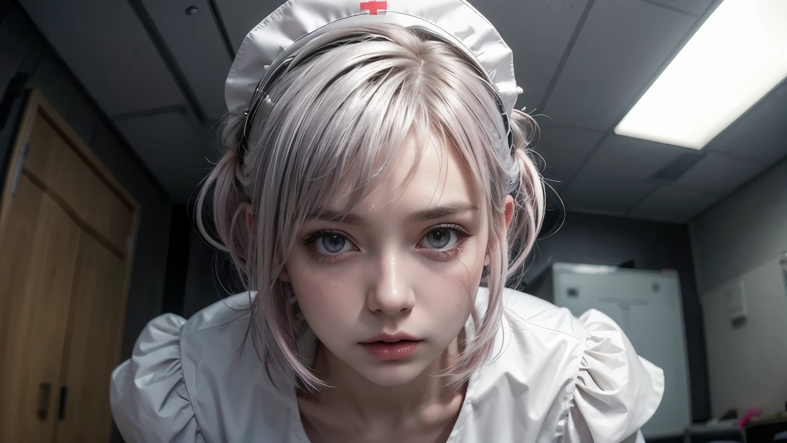 nurse, wearing white nurse uniform, wearing white nurse cap, gothic ****ta-like fashion, standing next to the examination table, trying to use medical devices, looking up from below, sadistic look, look of contempt, a look as if looking at something filthy, shiny silver and pink hair, pompadour hairstyle, twisted bangs, hair is shaggy and dishevelled, silver eyeblow, slendar figure, beautiful white-colored translucent much exposed skin, no makeup, shot from directly below, {realistic}, {cinematic}, {photogenic}, {detailed rendering}, {cinematic lighting}, {vibrant colors}, {photorealistic}, {best quality}, {8k}, {hyperdetailed}