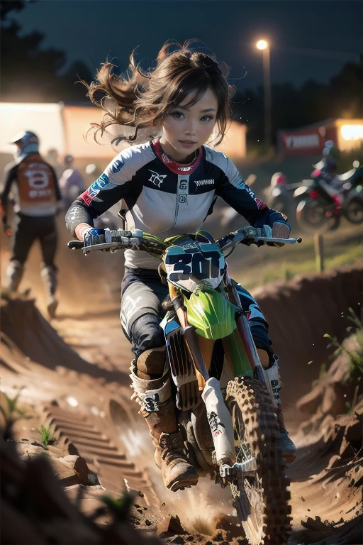 Yamaha WR250, motocross race, a cute girl, beautiful detailed eyes, beautiful detailed lips, extremely detailed eyes and face, long eyelashes, brown skin, wearing motocross boots, full of mud, abs, jumping over a hill,  night riding, best quality, ultra-detailed, ultra-wide angle, realistic, photorealistic, studio lighting, extreme detail description, vivid colors, bokeh