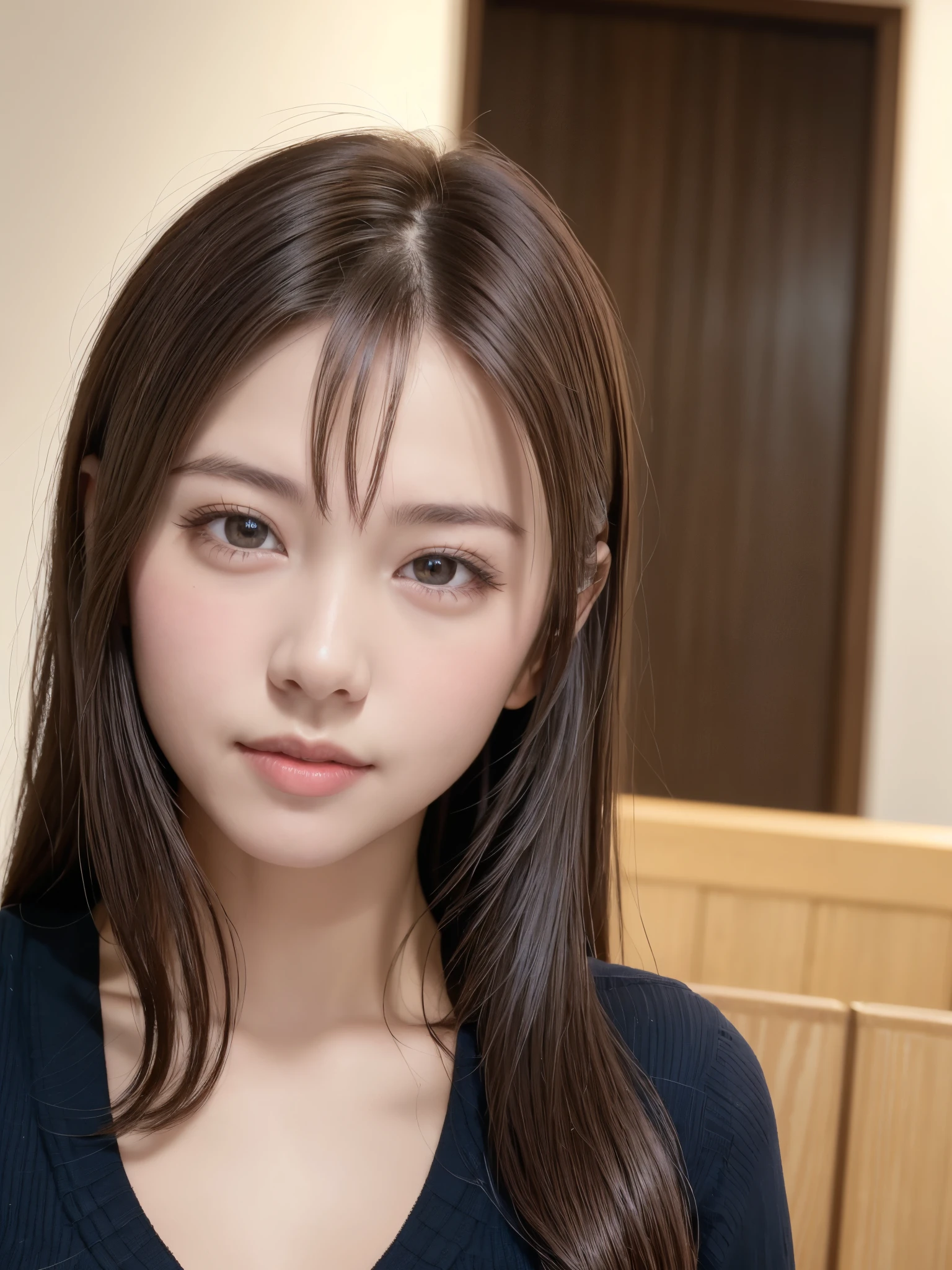 natta, Raw photography, (((Very beautiful portrait))), ((glistning skin)), 1girl in, Sexy 2 girl, Cafe Clerk、((Sauvage's natural brown hair)), Gentle smile staring at the camera, ((​masterpiece, top-quality, ultra-detailliert, ciinematic light, intricate detailes, hight resolution, 8K, ighly detailed)), detailedbackground, 8KUHD, Digital SLR, Soft lighting, hightquality, film grains, FujifilmXT3, Shallow depth of field, natural soft light、face perfect