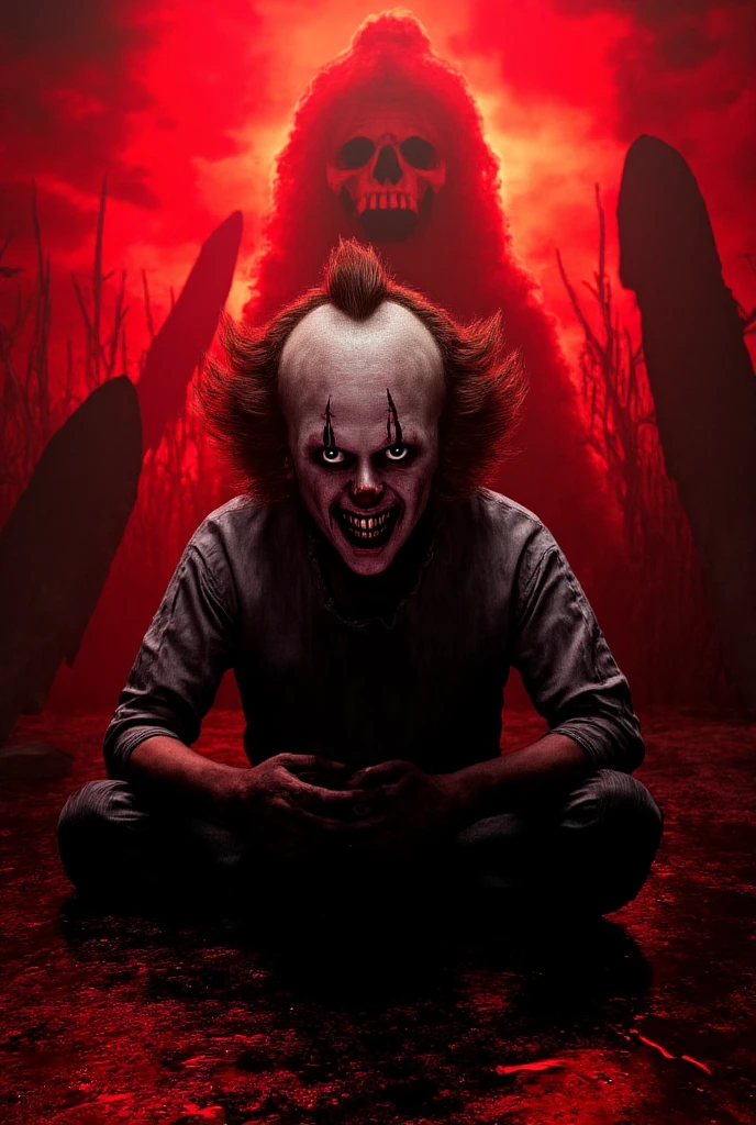 Terrifying hooded young man with a lead sweatshirt and a smiley face mask and with his hair covering half of his face with bloody scissors with a clown holding his shoulder