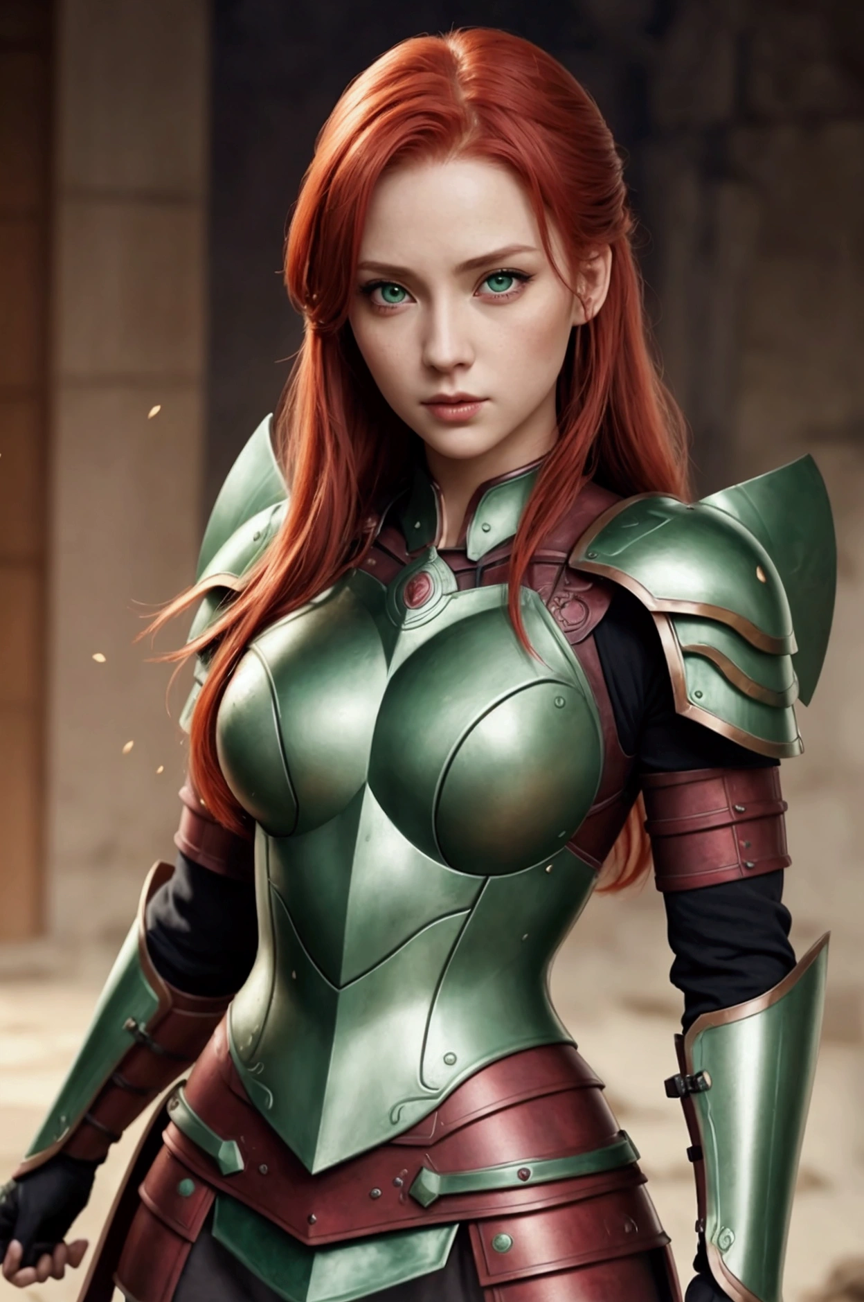 Redhead girl with emerald green eyes, big breasts, wearing armor