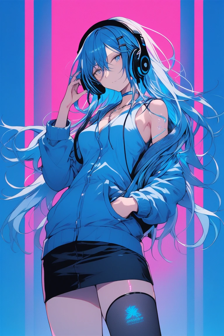 Illustrator, anime , Realistic ,sketch , 1 person, model, lip, Skimpy bikini, order, Blue gradient background, Neon colored messy medium length hair, Wearing headphones, Are standing, Sexy pose, Texture Trim, Canadian, (masterpiece,Highest quality)