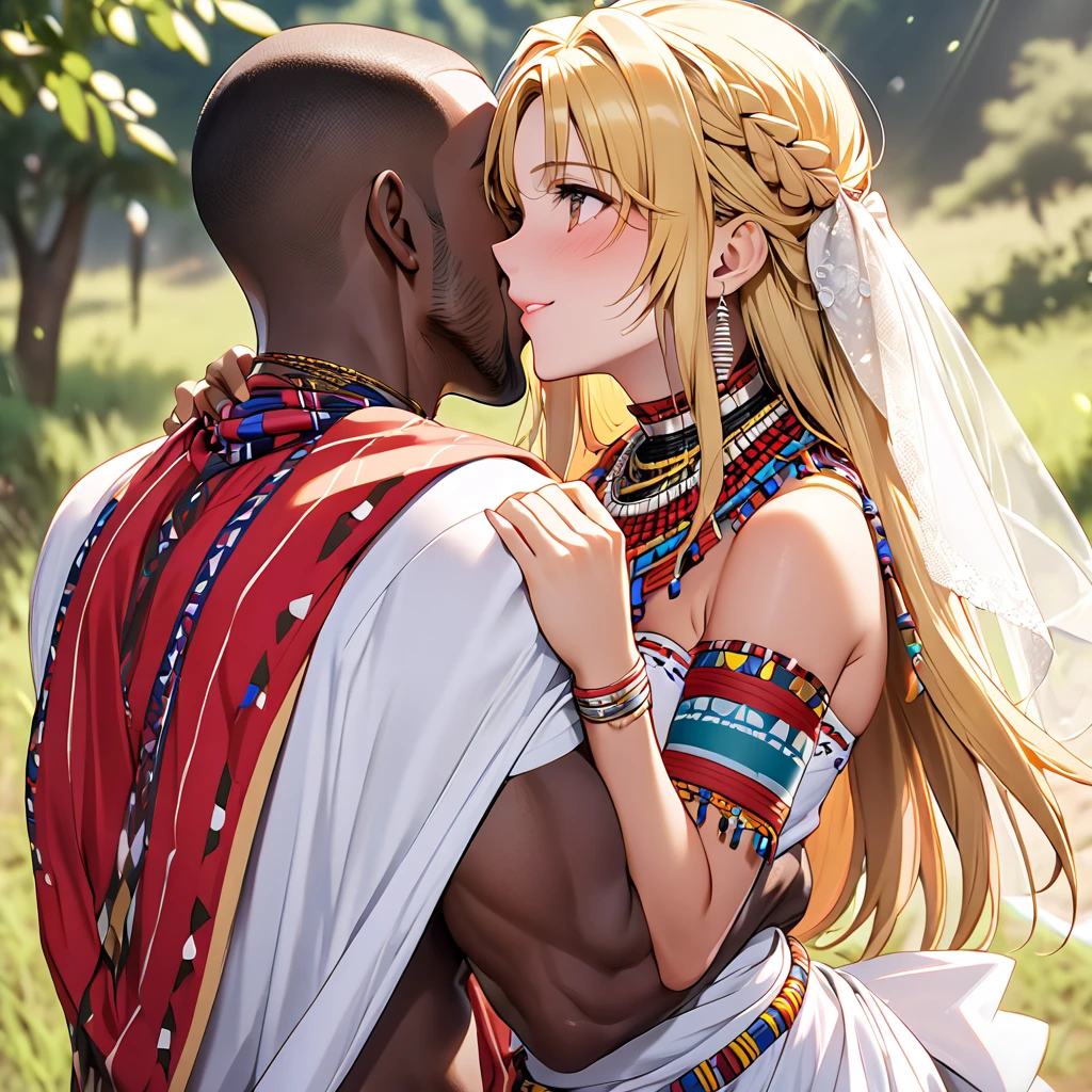 The woman who became a gorgeous and beautiful bride of the African Maasai tribe and accepted to become a member of the Maasai tribe became a bona Maasai woman with a beautiful blond Maasai hairstyle, hugged a strong black Maasai man with her beloved husband, had a wedding, loved each other, and became a bona fide Maasai woman、((Best Quality)), ((masterpiece)), ( Details), （ perfect face）,The woman is a blonde Fate Testarossa with excellent proportions 