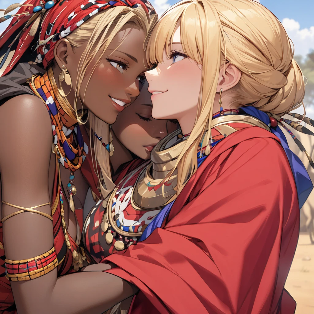 The woman who became the African Maasai tribe is Fate Testarossa with a beautiful blond Maasai hairstyle, wears a Masai costume, hugs, kisses, and loves each other with her strong black Maasai husband, and is surrounded by Maasai ren born to many women, and is in a happy family、((Best Quality)), ((masterpiece)), ( Details), （ perfect face）,The woman is Fate Testarossa, a blond Maasai woman with excellent proportions and a gentle smile