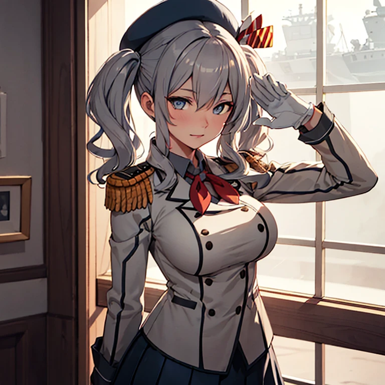 {{Kashima (Kantai Collection)}},  blue eyes,  medium [[[big]]] breast,  twin tails, wavy Grey Hair, uniform, Dark grey shirt, Colored Shirt, Dark Beret, Epaulettes,  jacket,  long sleeve,  red neckerchief ,  pleated grey skirt,  white gloves,{{{Game CG}}}, 2023,
,Kashimadef, twin tails,Grey Hair,(masterpiece:1.4),(Best Quality:1.4), (wonderful), (great illustration:1.4), (Super detailed:1.4), (Art CG, 8k), one woman alone ,salute yourself , is standing,Headquarters,Woody